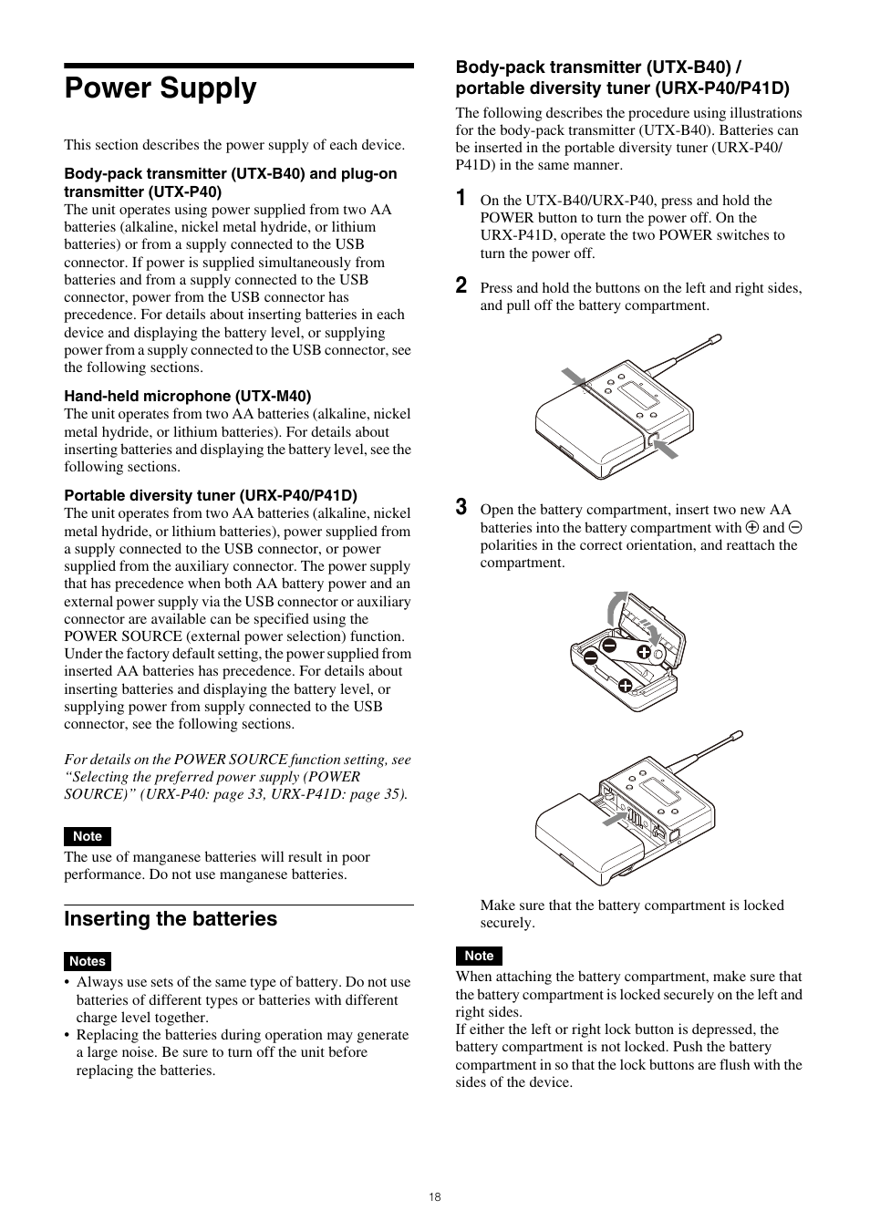 Power supply, Inserting the batteries | Sony VCT-SP2BP Camcorder Shoulder Support User Manual | Page 18 / 56
