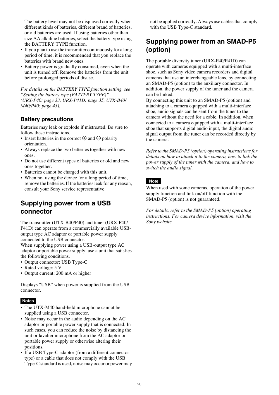 Option), Supplying power from a usb connector, Supplying power from an smad-p5 (option) | Sony VCT-SP2BP Camcorder Shoulder Support User Manual | Page 20 / 56
