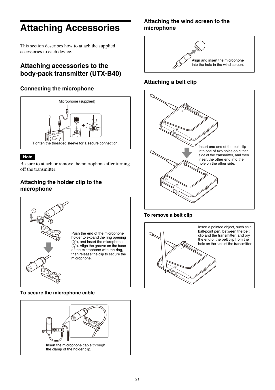 Attaching accessories, Attaching accessories to the body-pack, Transmitter (utx-b40) | Connecting the microphone, Attaching the holder clip to the microphone | Sony VCT-SP2BP Camcorder Shoulder Support User Manual | Page 21 / 56