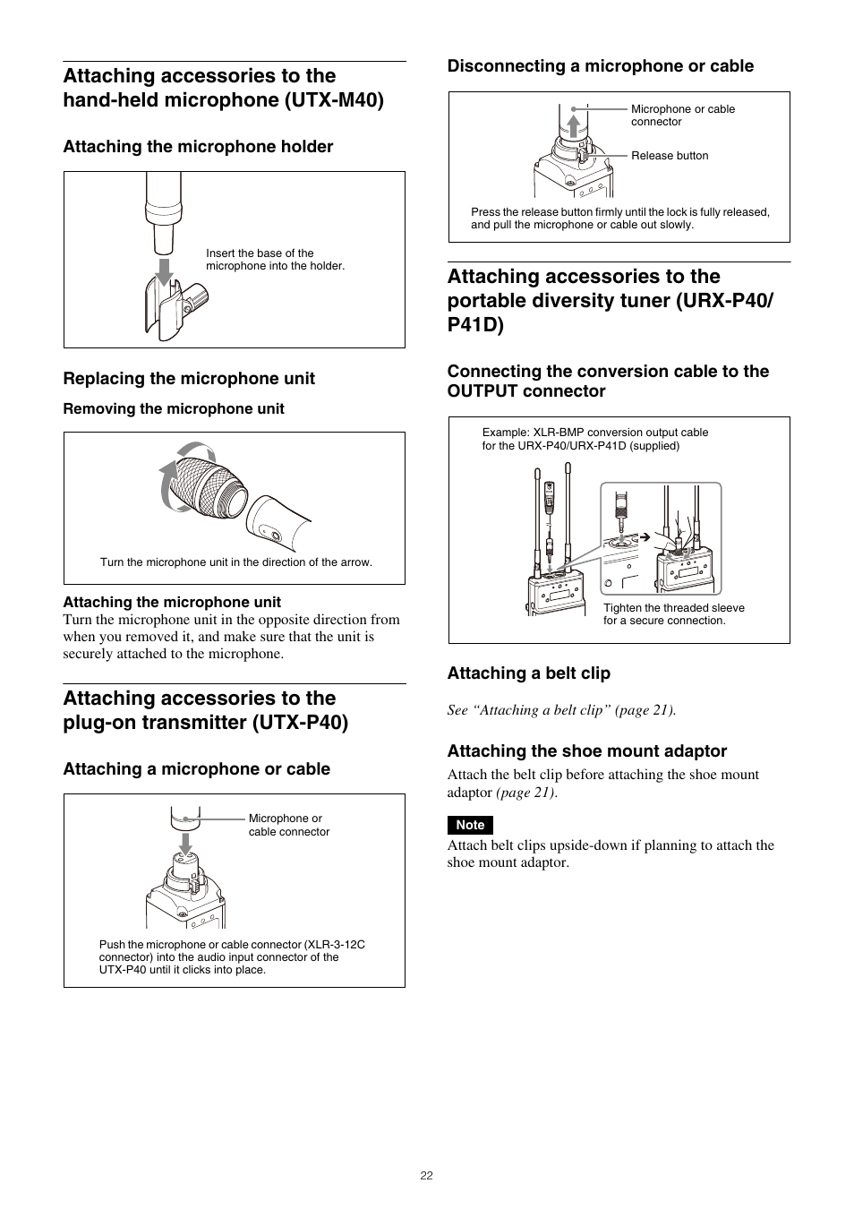 Attaching accessories to the hand-held, Microphone (utx-m40), Attaching accessories to the plug-on | Transmitter (utx-p40), Attaching accessories to the portable diversity, Tuner (urx-p40/p41d) | Sony VCT-SP2BP Camcorder Shoulder Support User Manual | Page 22 / 56