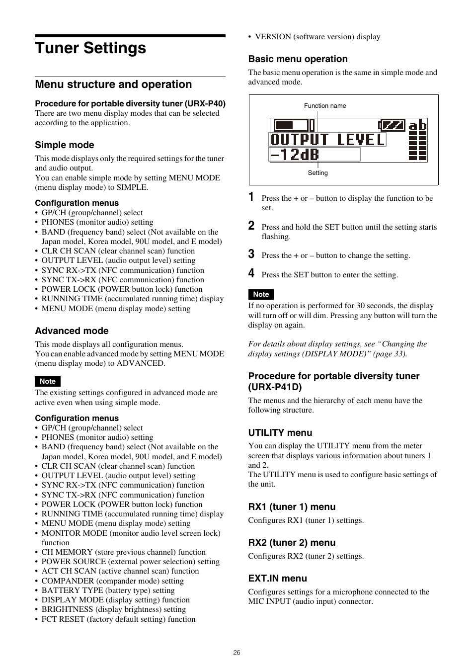 Tuner settings, Menu structure and operation | Sony VCT-SP2BP Camcorder Shoulder Support User Manual | Page 26 / 56