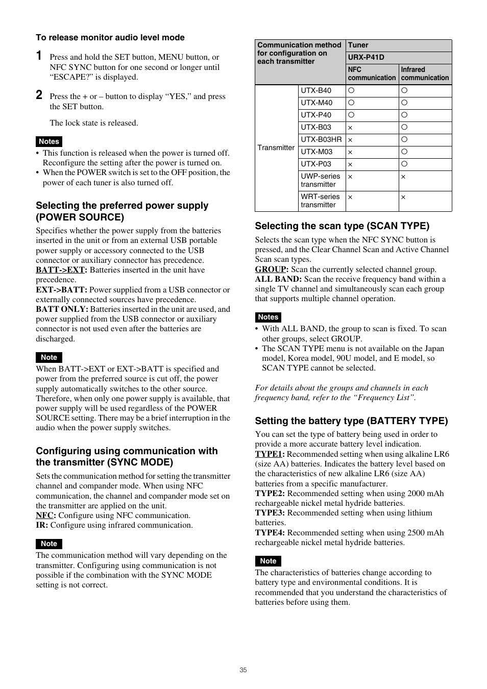 Selecting the scan type (scan type), Setting the battery type (battery type) | Sony VCT-SP2BP Camcorder Shoulder Support User Manual | Page 35 / 56