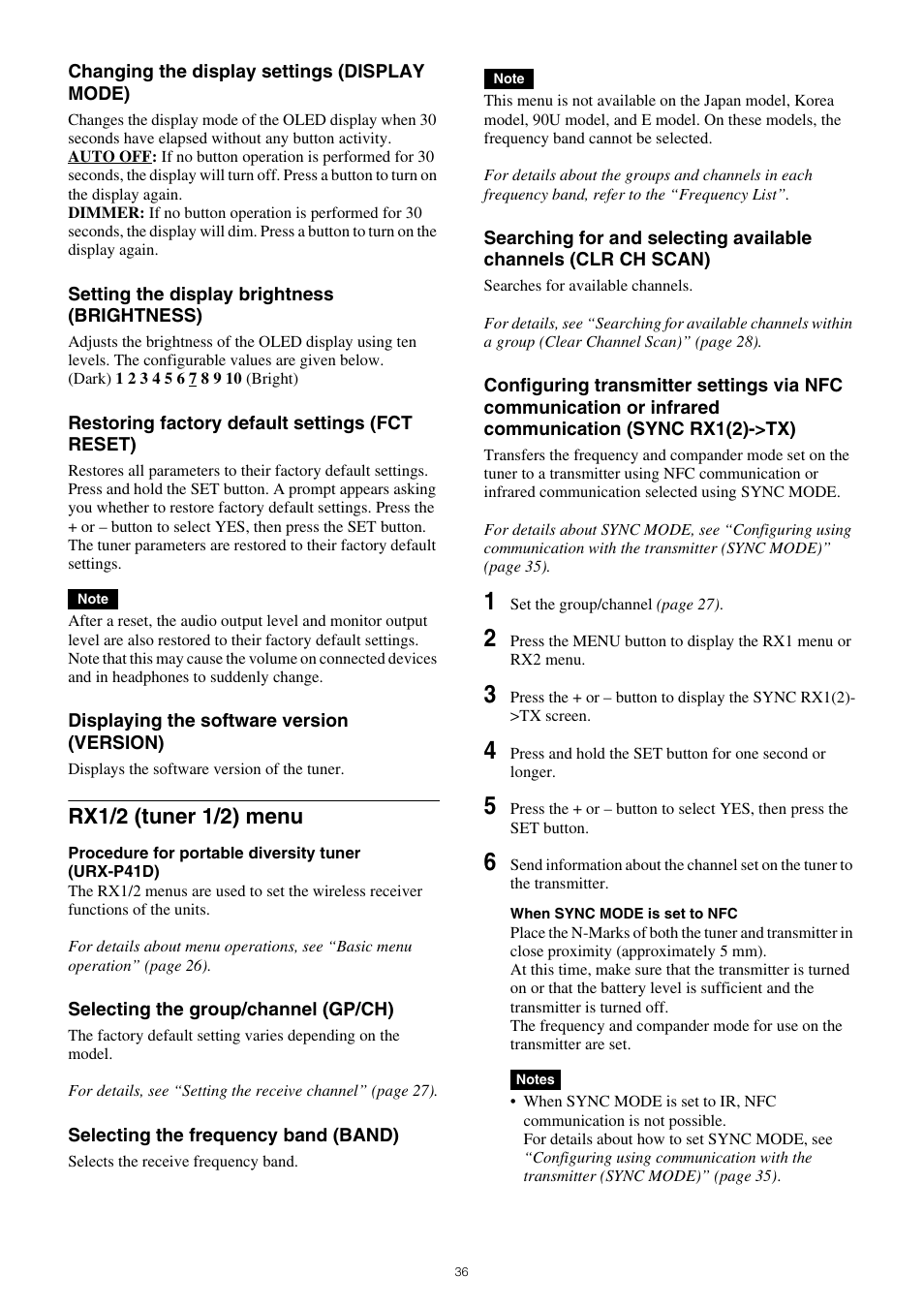 Rx1/2 (tuner 1/2) menu | Sony VCT-SP2BP Camcorder Shoulder Support User Manual | Page 36 / 56