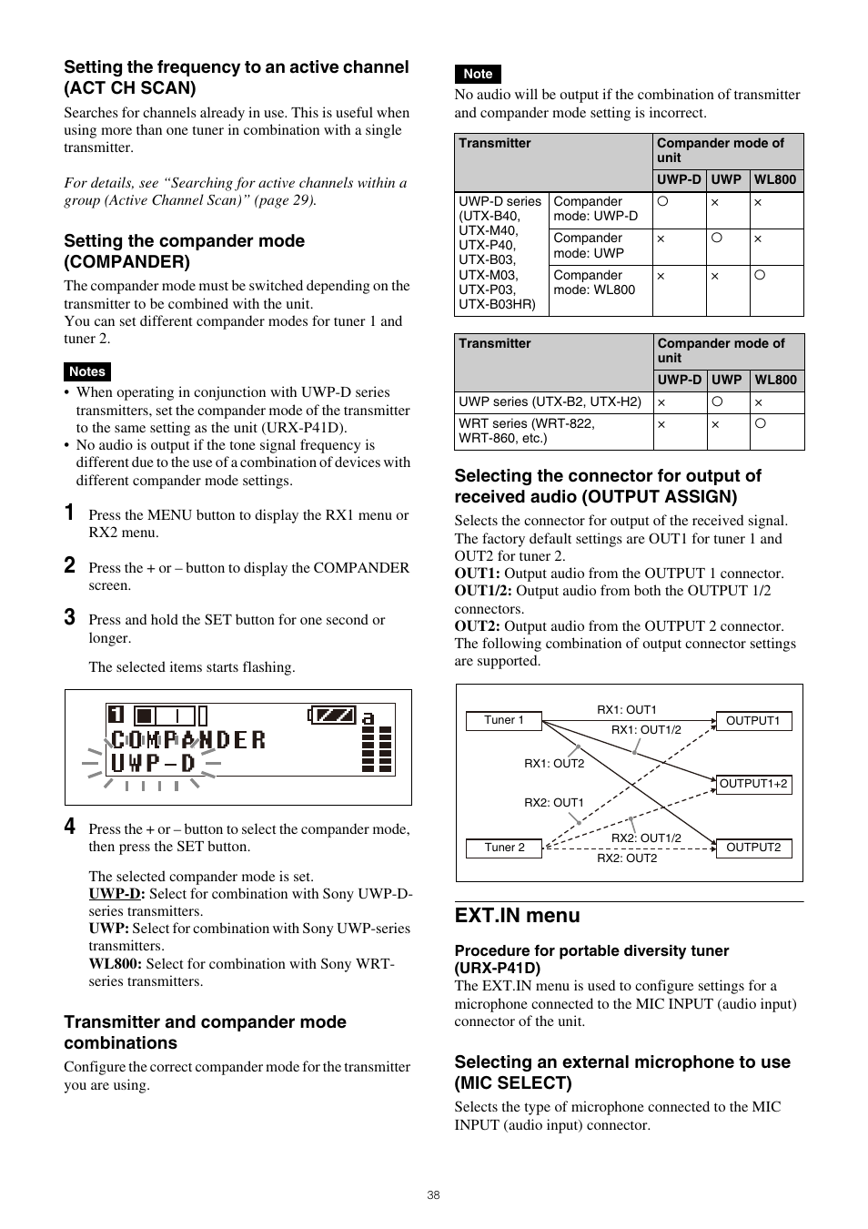 Ext.in menu, Setting the compander mode (compander), Transmitter and compander mode combinations | Sony VCT-SP2BP Camcorder Shoulder Support User Manual | Page 38 / 56
