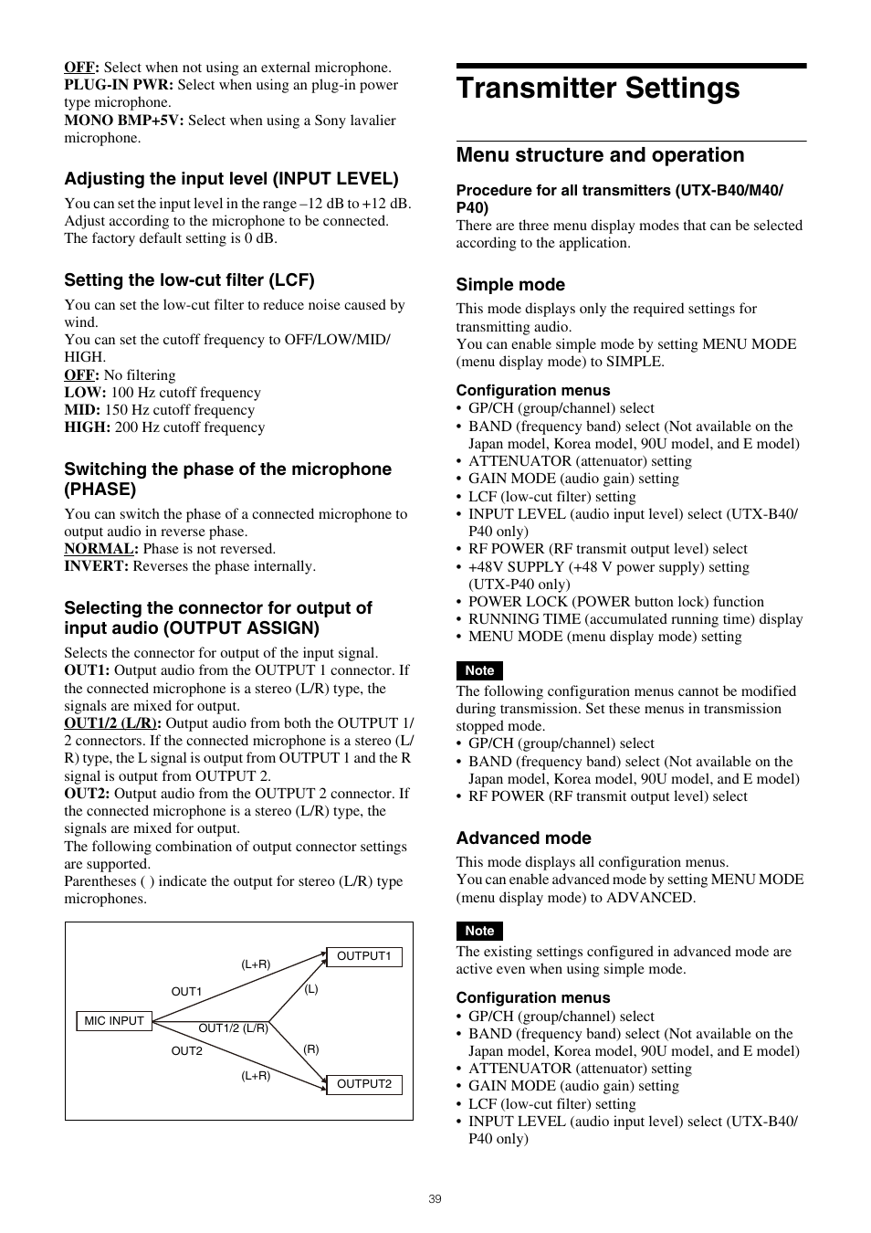 Transmitter settings, Menu structure and operation | Sony VCT-SP2BP Camcorder Shoulder Support User Manual | Page 39 / 56