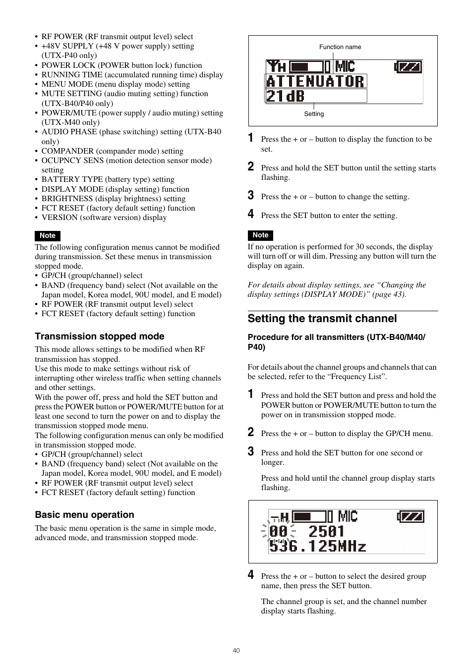 Setting the transmit channel | Sony VCT-SP2BP Camcorder Shoulder Support User Manual | Page 40 / 56