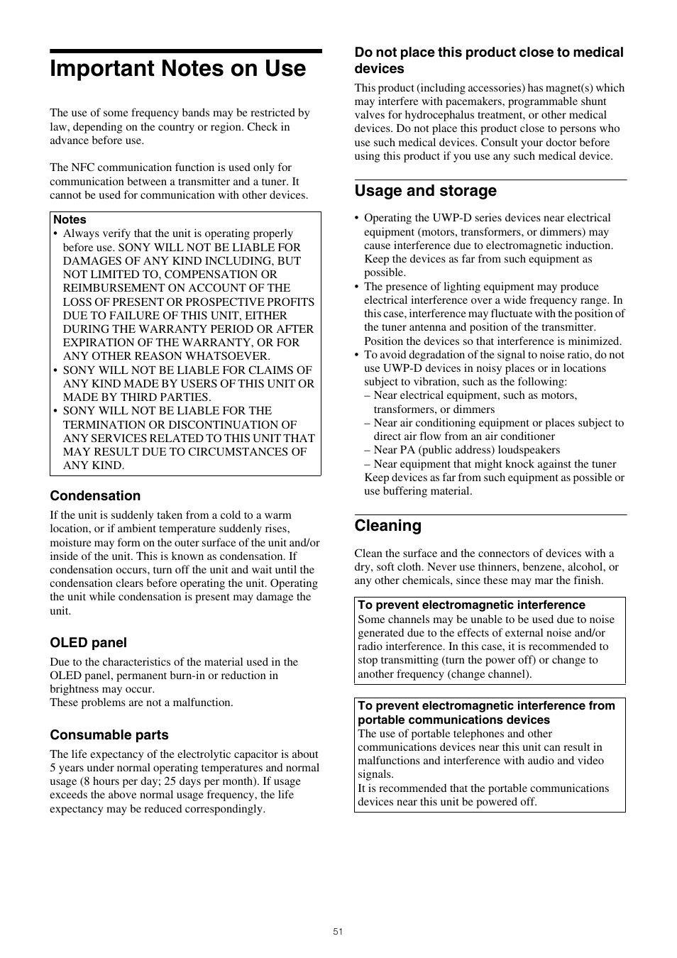 Important notes on use, Usage and storage cleaning, Usage and storage | Cleaning | Sony VCT-SP2BP Camcorder Shoulder Support User Manual | Page 51 / 56