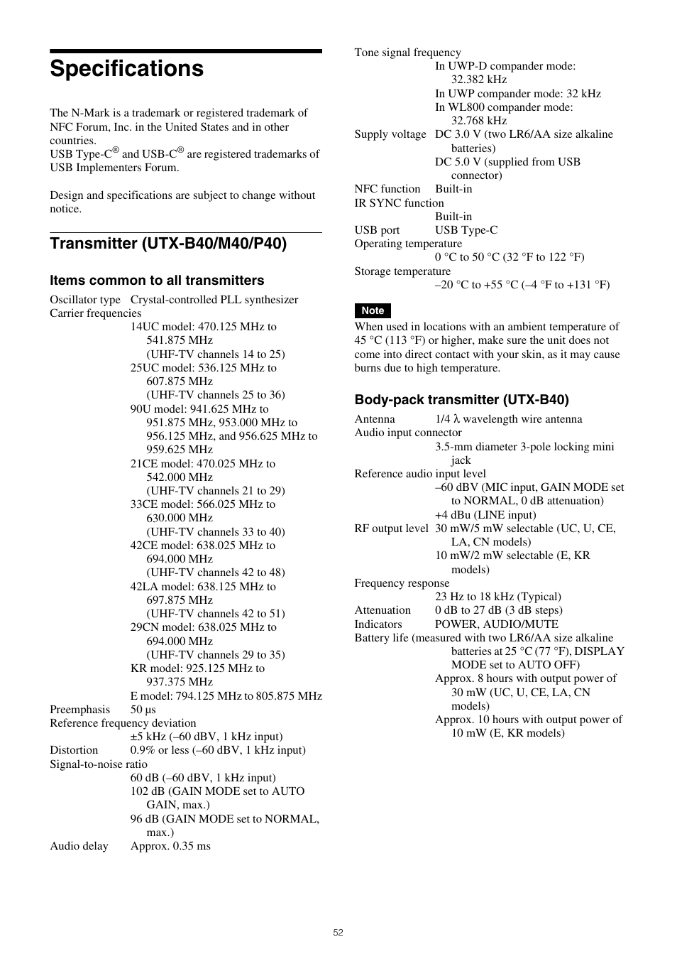 Specifications, Transmitter (utx-b40/m40/p40) | Sony VCT-SP2BP Camcorder Shoulder Support User Manual | Page 52 / 56