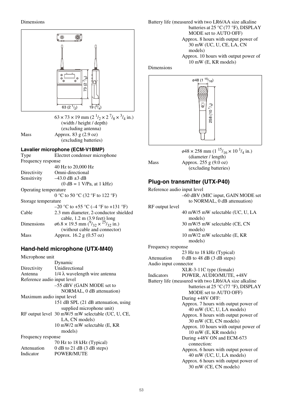 Hand-held microphone (utx-m40), Plug-on transmitter (utx-p40) | Sony VCT-SP2BP Camcorder Shoulder Support User Manual | Page 53 / 56