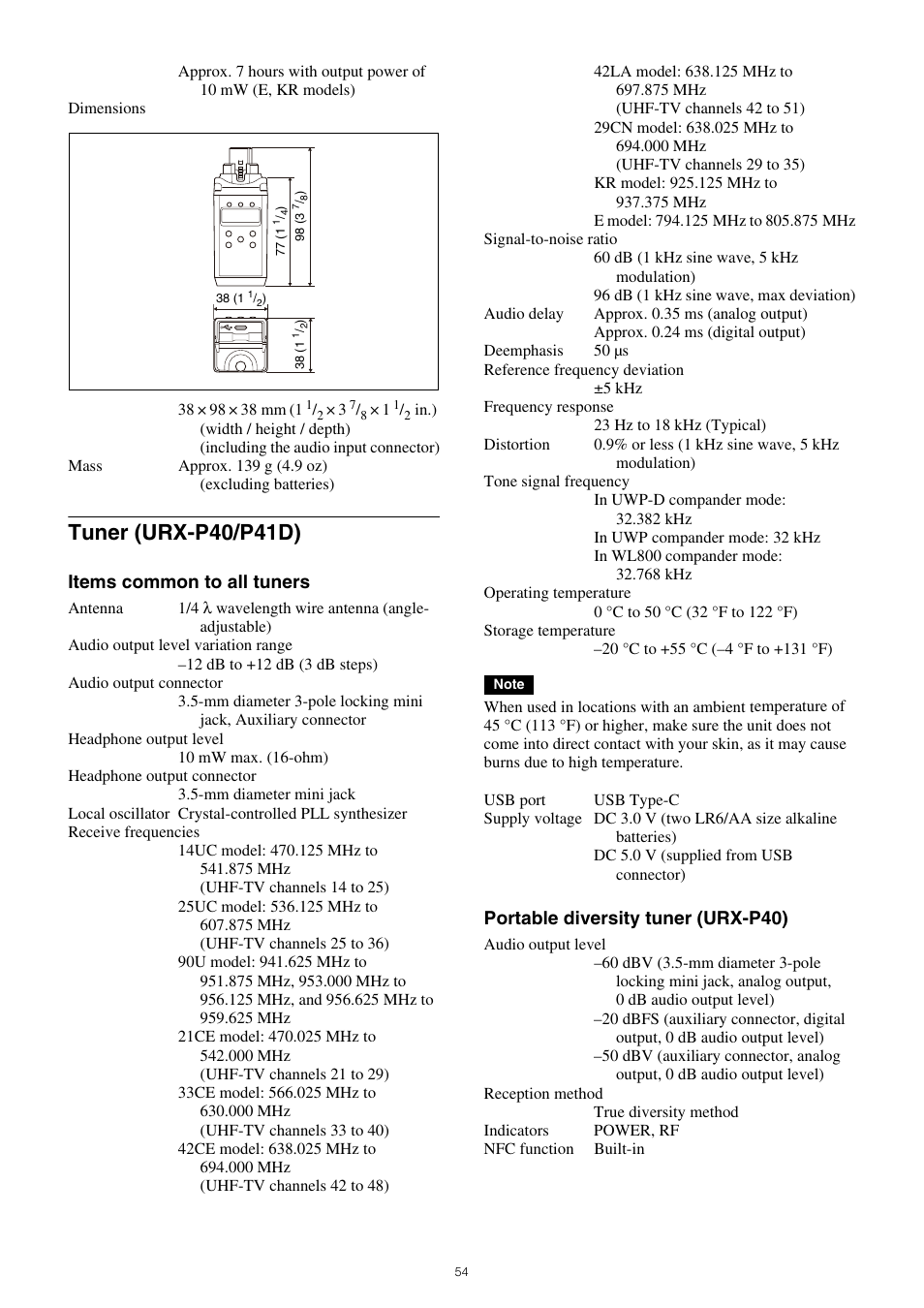 Tuner (urx-p40/p41d), Items common to all tuners, Portable diversity tuner (urx-p40) | Sony VCT-SP2BP Camcorder Shoulder Support User Manual | Page 54 / 56