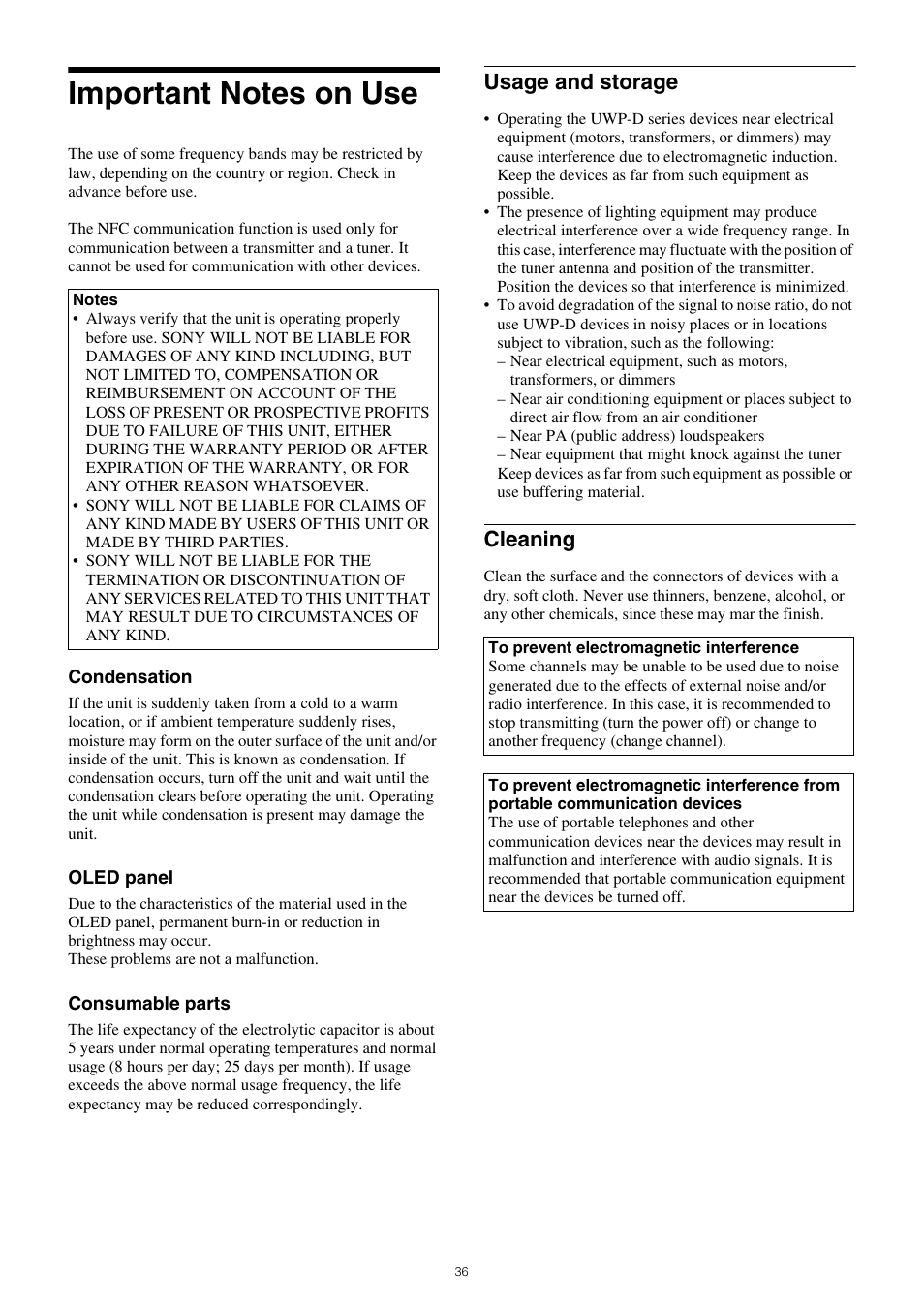 Important notes on use, Usage and storage cleaning, Usage and storage | Cleaning | Sony SRG-120DU USB 3.0 Full HD PTZ Camera User Manual | Page 36 / 41
