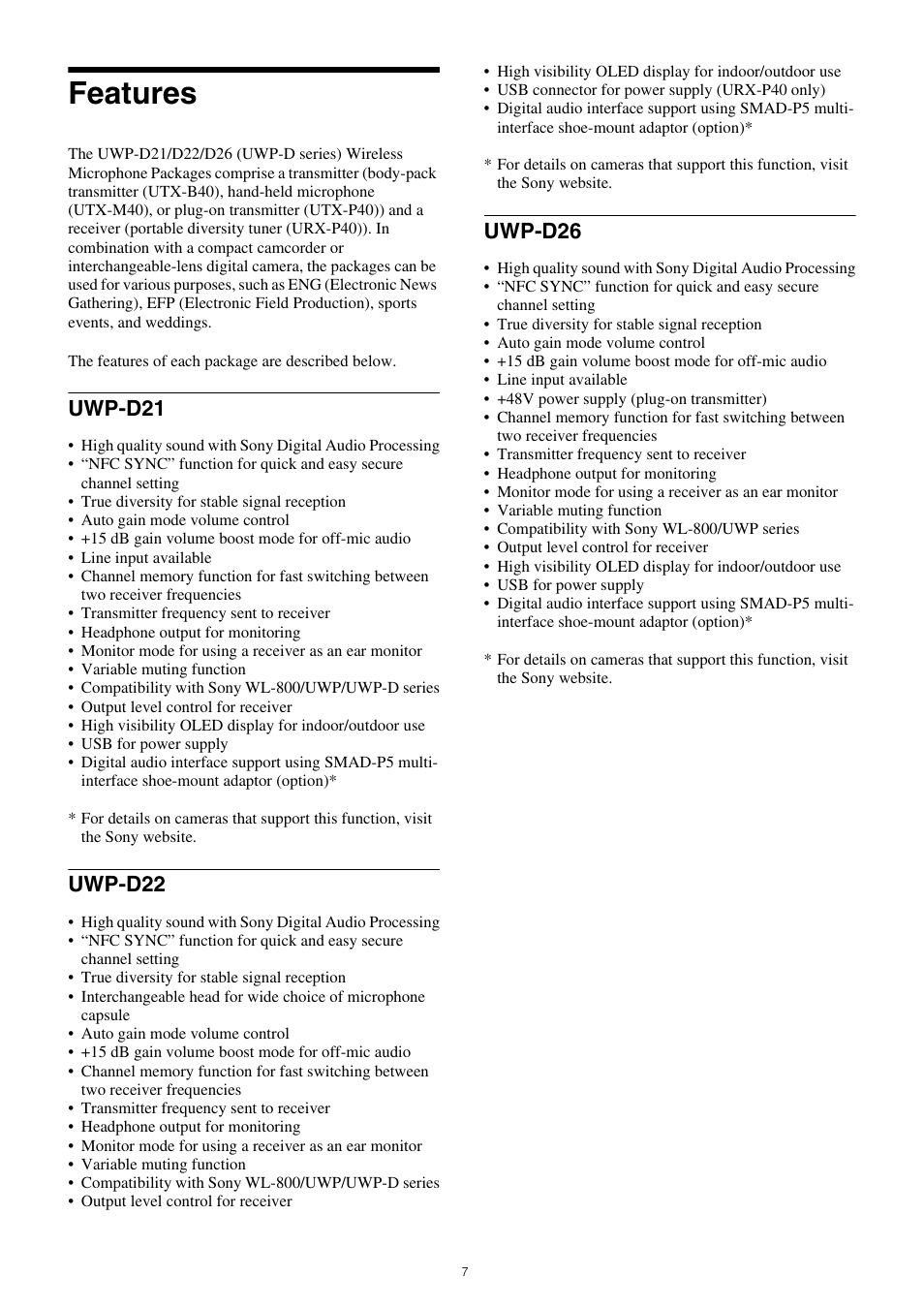 Features, Uwp-d21 uwp-d22 uwp-d26, Uwp-d21 | Uwp-d22, Uwp-d26 | Sony SRG-120DU USB 3.0 Full HD PTZ Camera User Manual | Page 7 / 41