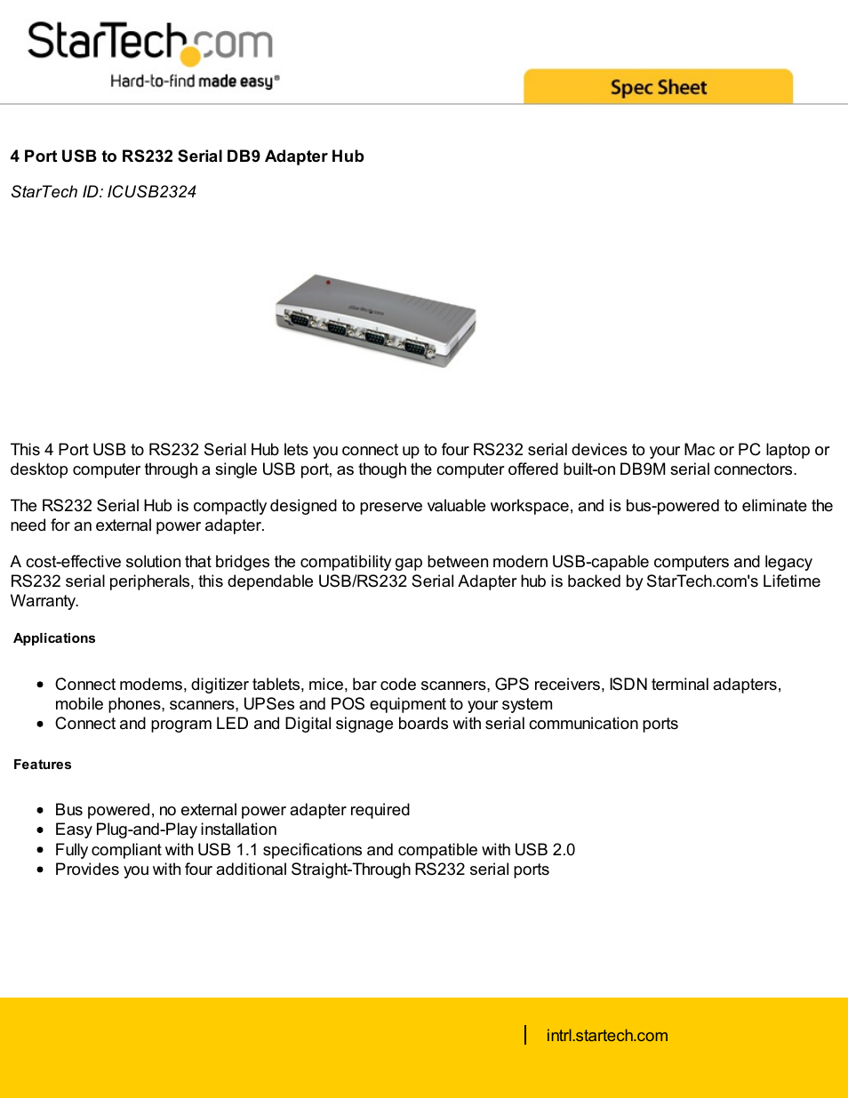 StarTech.com 4-Port USB to RS-232 Serial DB-9 Adapter Hub User Manual | 3 pages