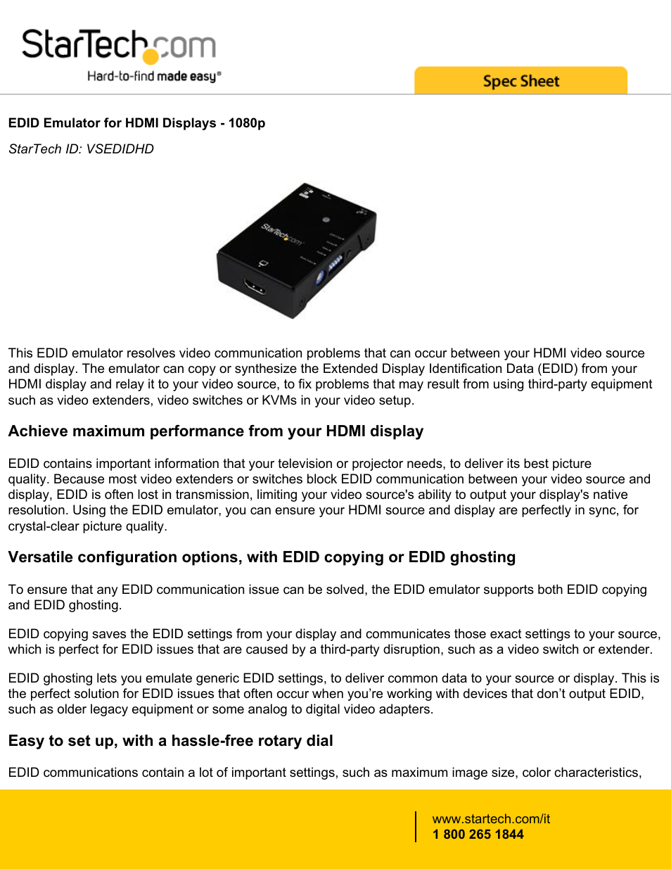 StarTech.com EDID Emulator for HDMI Displays up to 1080p User Manual | 4 pages