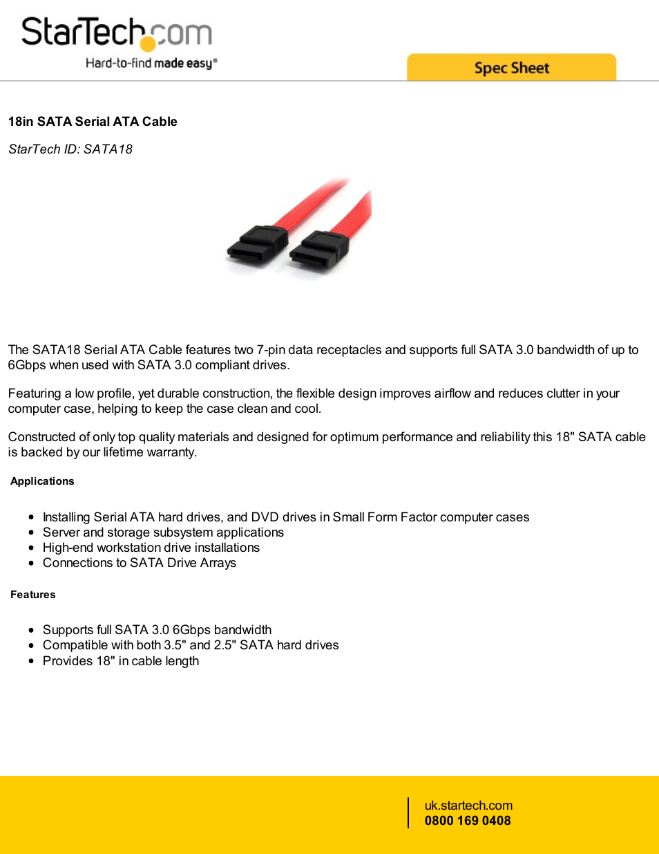 StarTech.com SATA Serial ATA Cable (Red, 18") User Manual | 2 pages