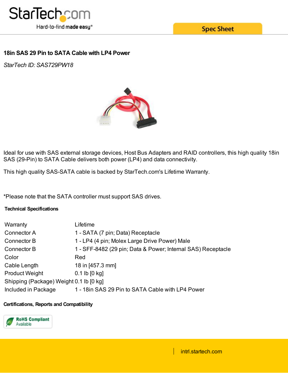 StarTech.com SAS 29 Pin to SATA Cable with LP4 Power (Red, 18") User Manual | 1 page