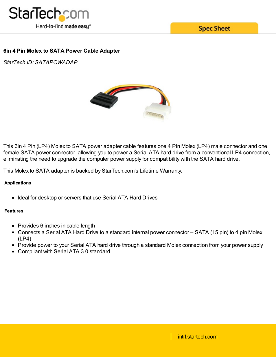 StarTech.com 4 Pin Molex to SATA Power Cable Adapter (6") User Manual | 2 pages