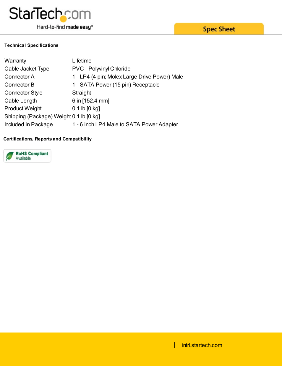 StarTech.com 4 Pin Molex to SATA Power Cable Adapter (6") User Manual | Page 2 / 2