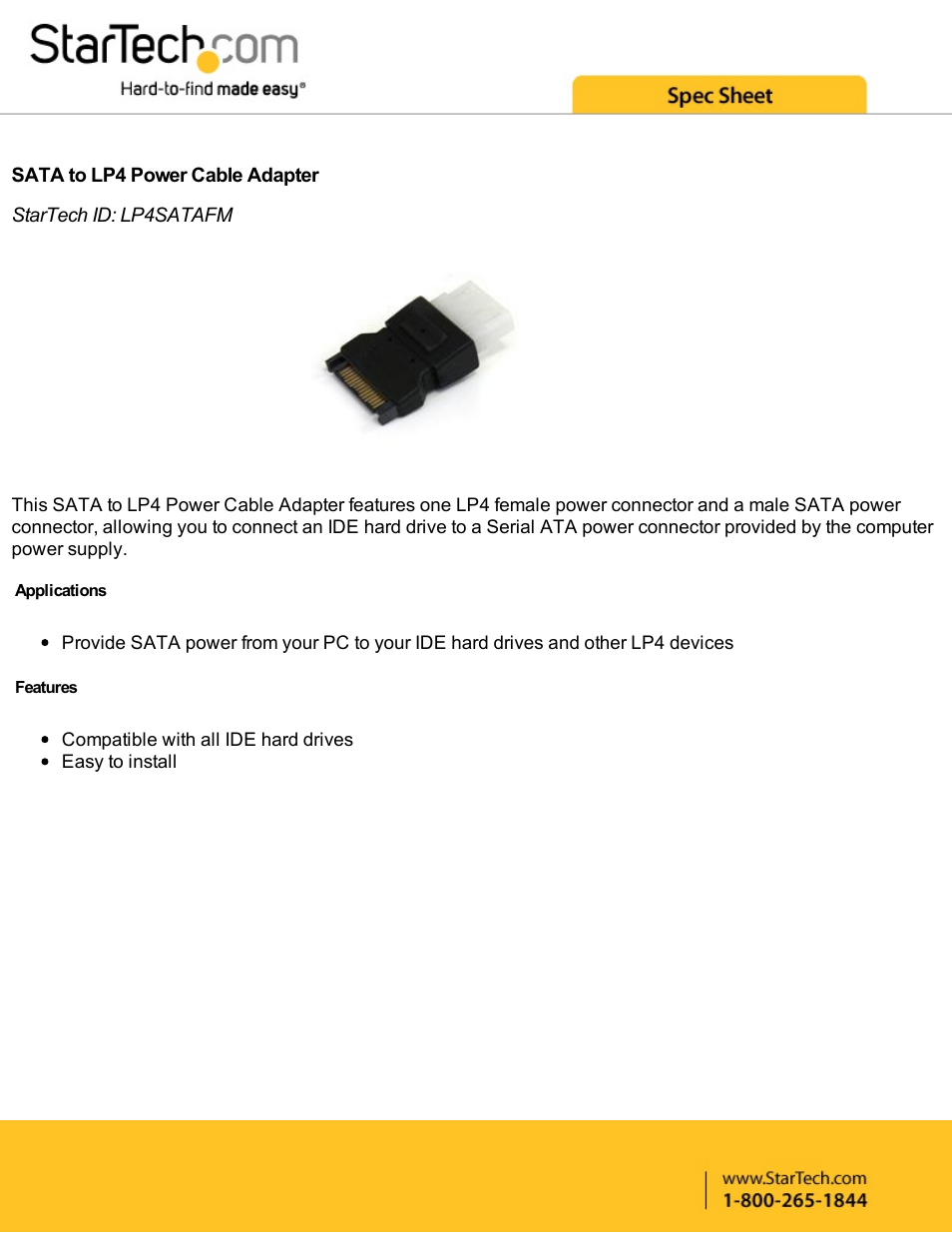 StarTech.com SATA to LP4 Power Cable Adapter User Manual | 2 pages