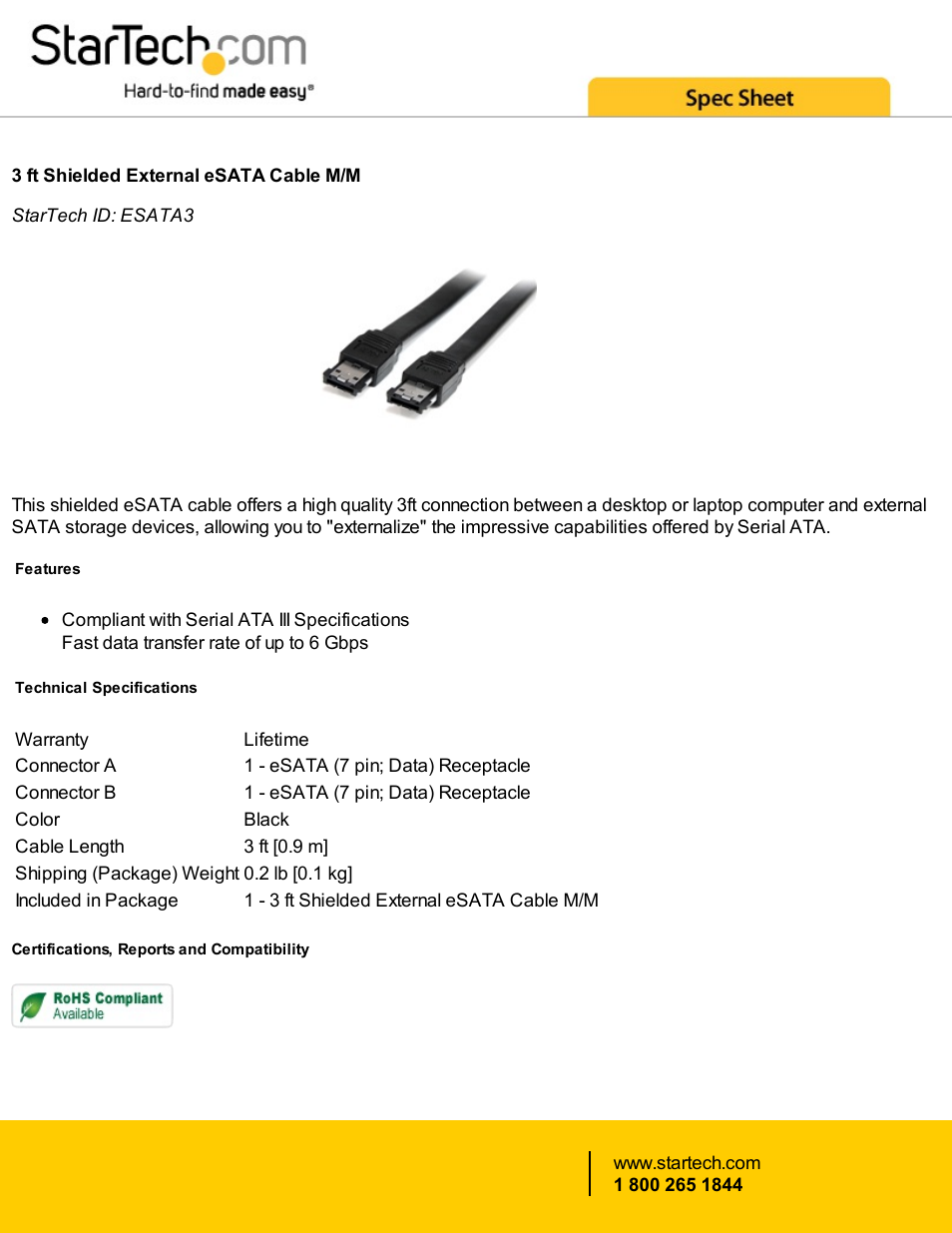 StarTech.com 3' Shielded External eSATA Male to Male Cable User Manual | 1 page