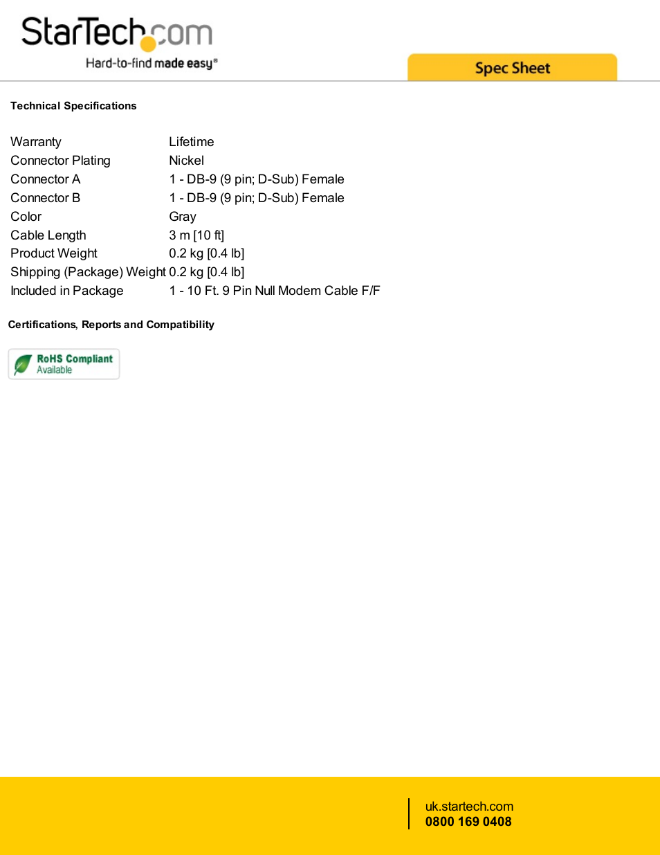 StarTech.com 10' DB9 RS232 Serial Female to Female Null Modem Cable (Gray) User Manual | Page 2 / 2