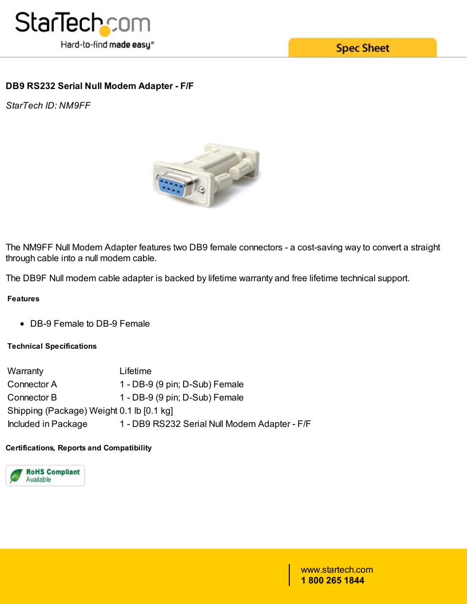 StarTech.com DB9 RS232 Female to Female Serial Null Modem Adapter User Manual | 1 page