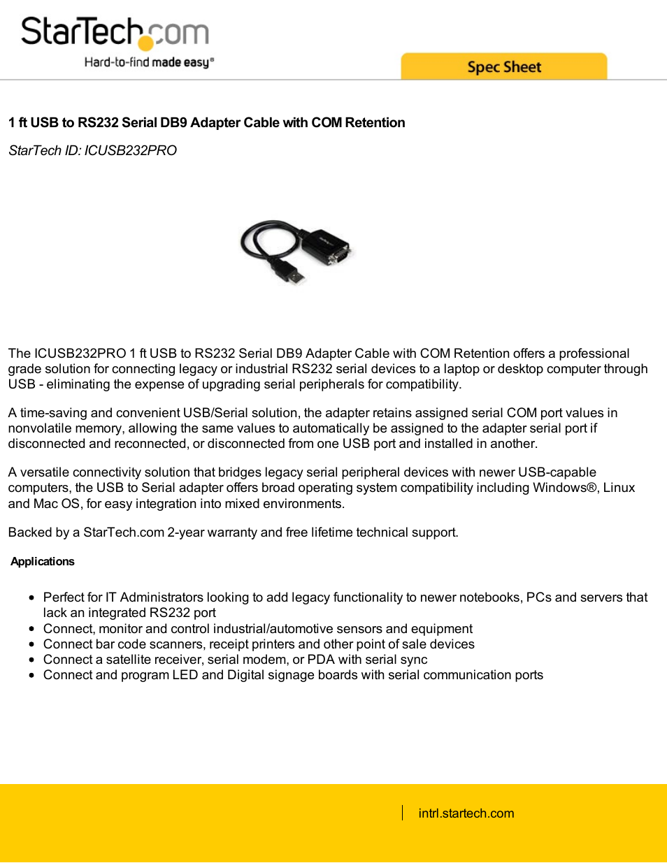 StarTech.com USB to RS232 Serial DB9 Adapter Cable with COM Retention (Black, 1') User Manual | 3 pages
