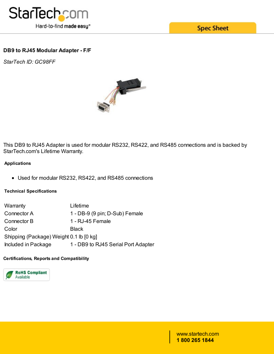 StarTech.com DB9 to RJ-45 Female to Female Modular Adapter (Black) User Manual | 1 page