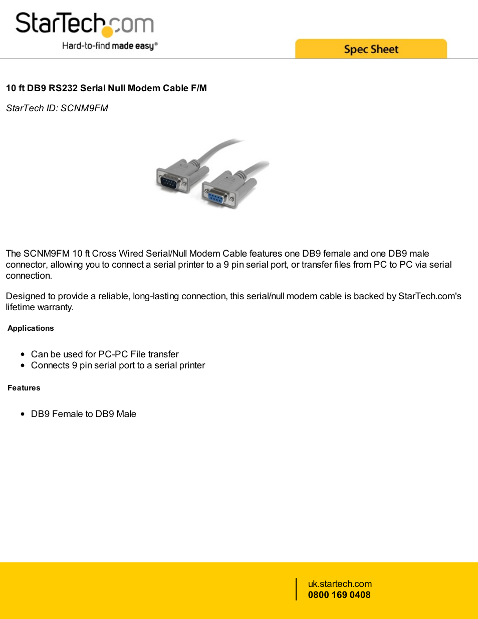 StarTech.com 10' DB9 RS232 Serial Female to Male Null Modem Cable (Gray) User Manual | 2 pages