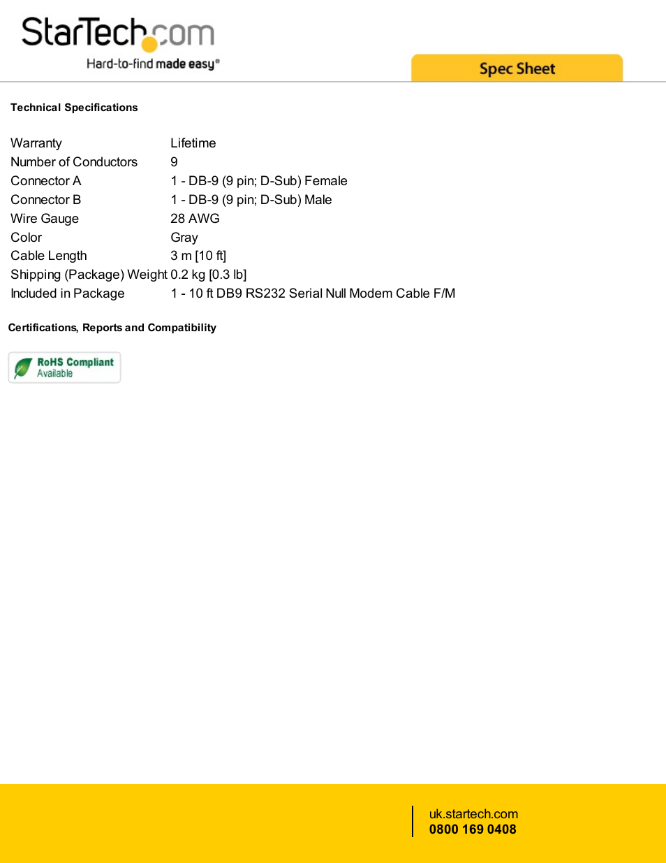 StarTech.com 10' DB9 RS232 Serial Female to Male Null Modem Cable (Gray) User Manual | Page 2 / 2