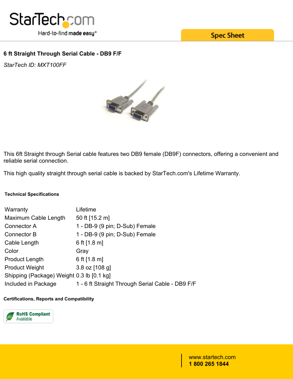 StarTech.com Straight Through DB-9 Serial Cable (Gray, 6') User Manual | 1 page