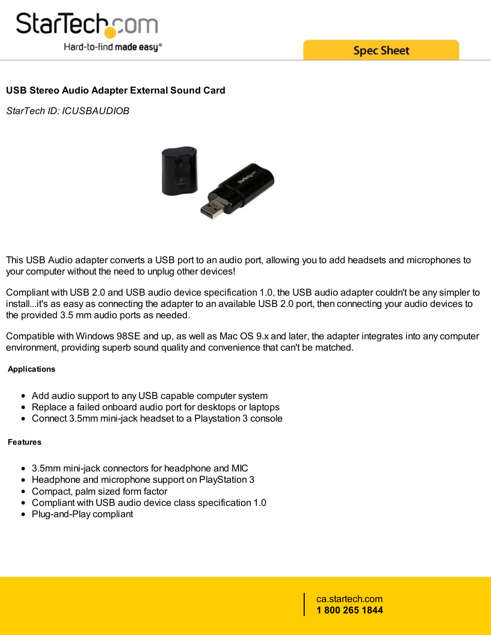 StarTech.com USB Stereo Audio Adapter External Sound Card (Black) User Manual | 3 pages