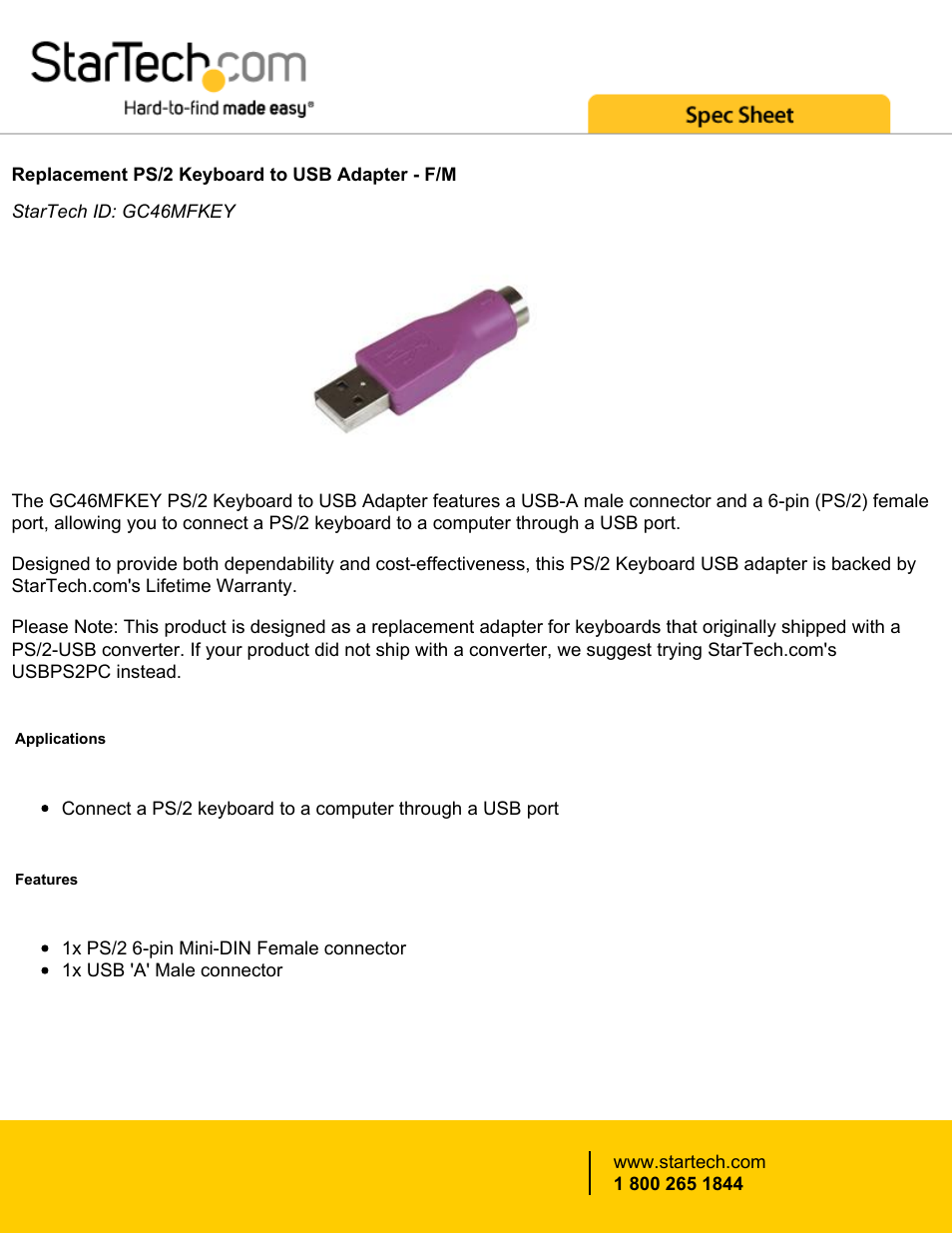 StarTech.com Replacement PS/2 Keyboard Female to USB Male Adapter User Manual | 2 pages