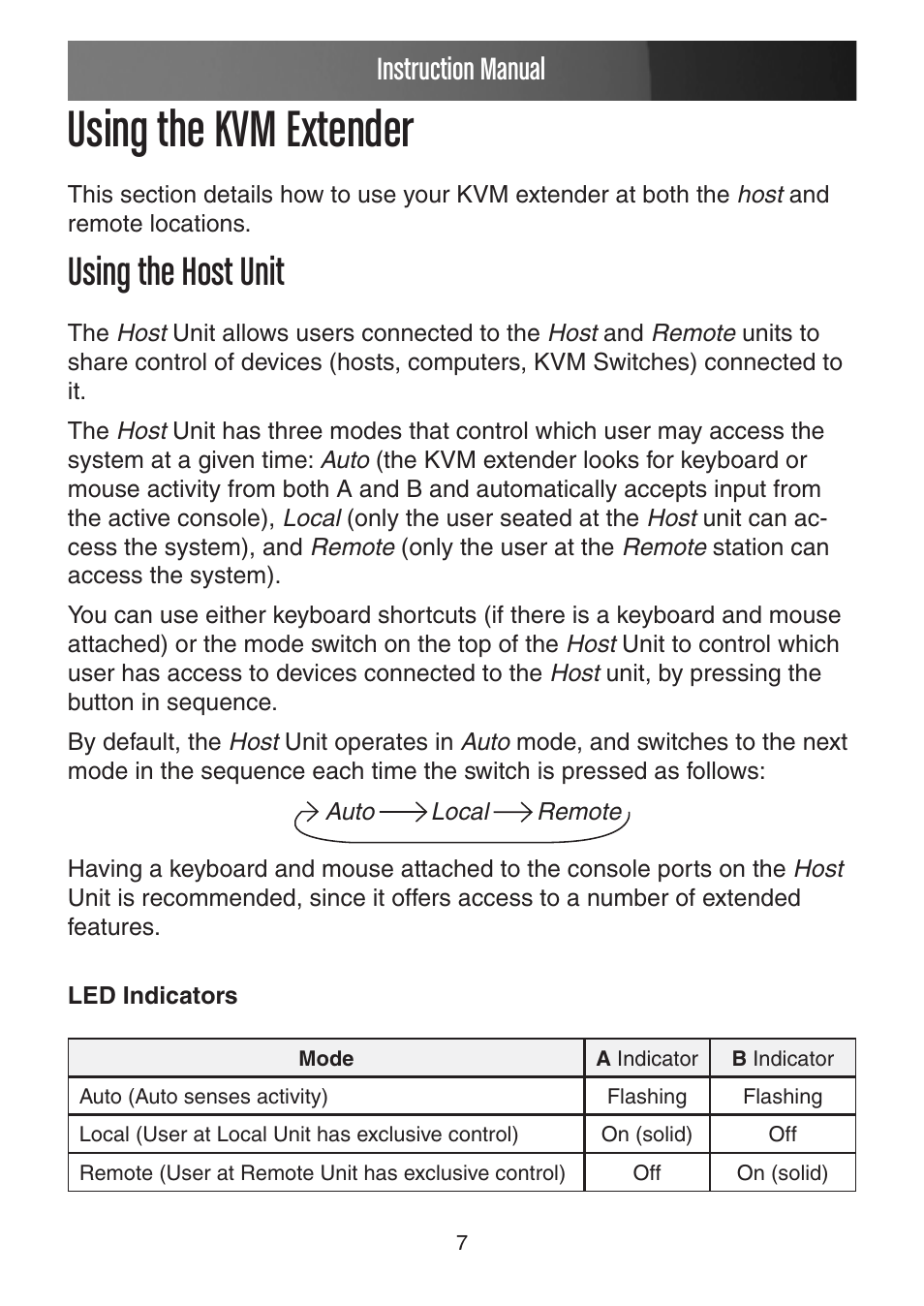 Using the kvm extender, Using the host unit, Instruction manual | StarTech.com USB VGA KVM Console Extender over CAT5 UTP User Manual | Page 10 / 20