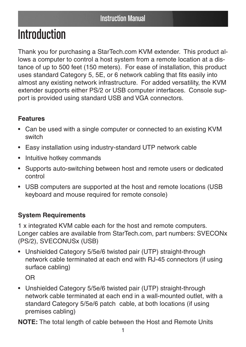 Introduction, Instruction manual | StarTech.com USB VGA KVM Console Extender over CAT5 UTP User Manual | Page 4 / 20