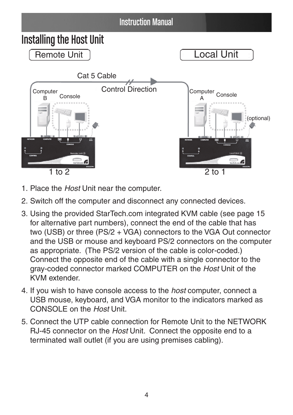 Installing the host unit, Instruction manual, Local unit | StarTech.com USB VGA KVM Console Extender over CAT5 UTP User Manual | Page 7 / 20