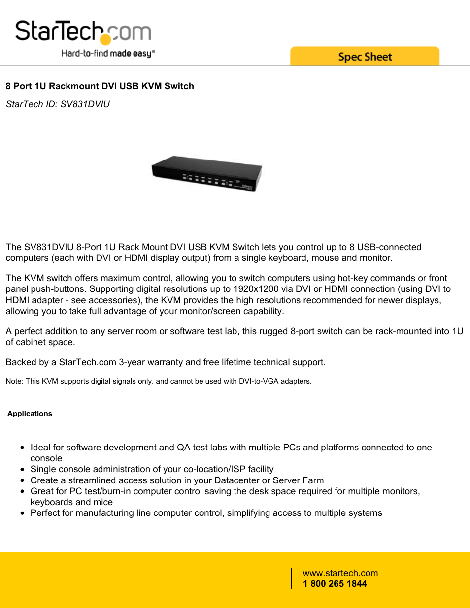 StarTech.com 8-Port 1U Rackmount DVI USB KVM Switch (Black) User Manual | 4 pages