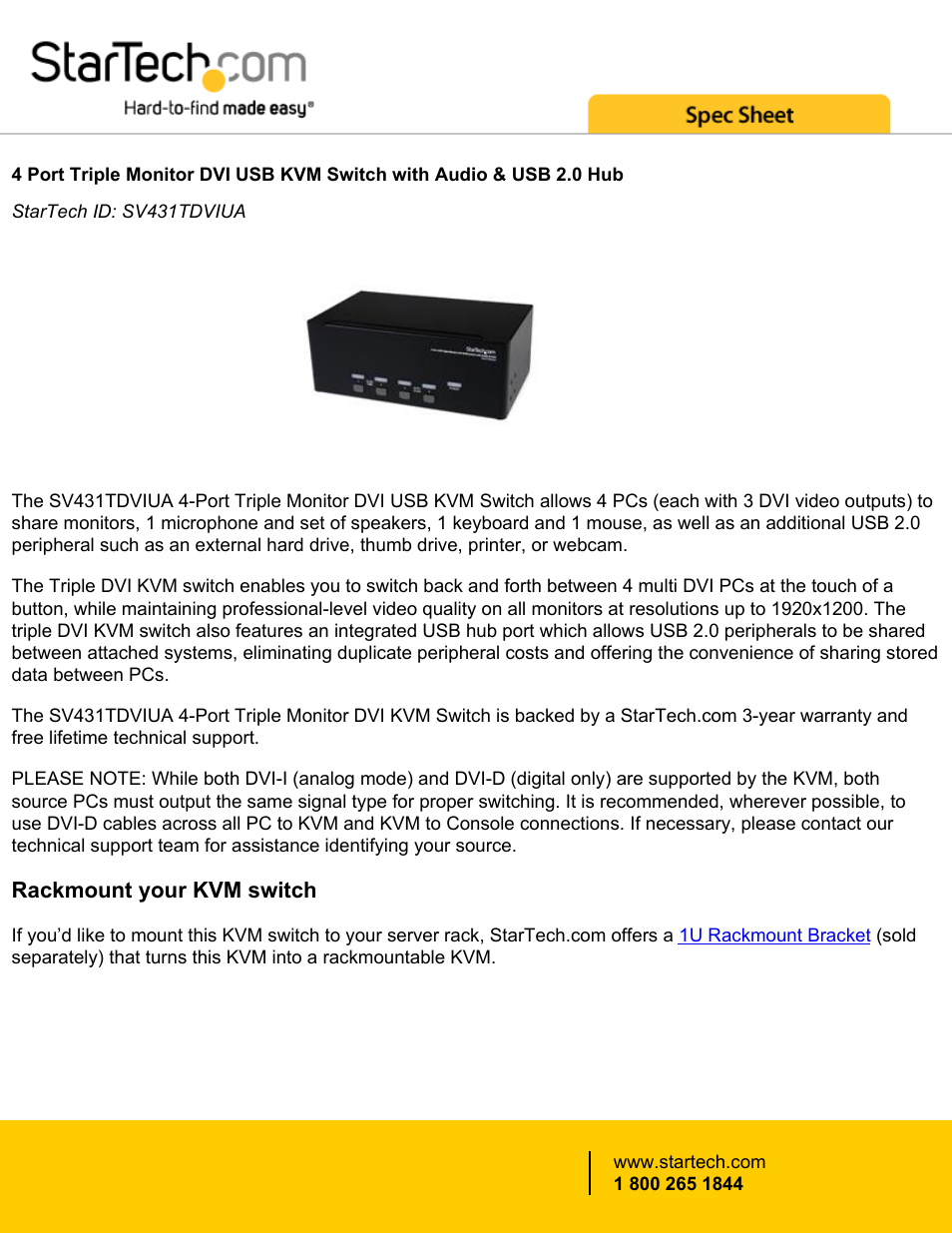 StarTech.com 4-Port Triple Monitor DVI USB KVM Switch with Audio & USB 2.0 Hub User Manual | 5 pages