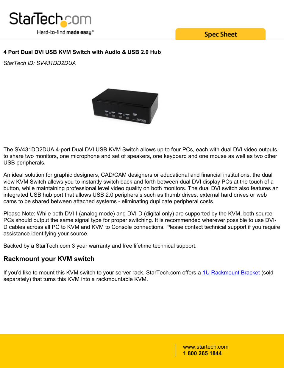 StarTech.com 4-Port Dual DVI 2.0 USB Hub KVM Switch with Audio (Black) User Manual | 4 pages