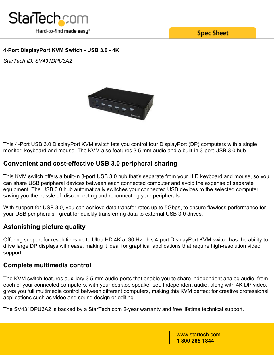 StarTech.com 4-Port USB 3.0 DisplayPort KVM Switch User Manual | 4 pages