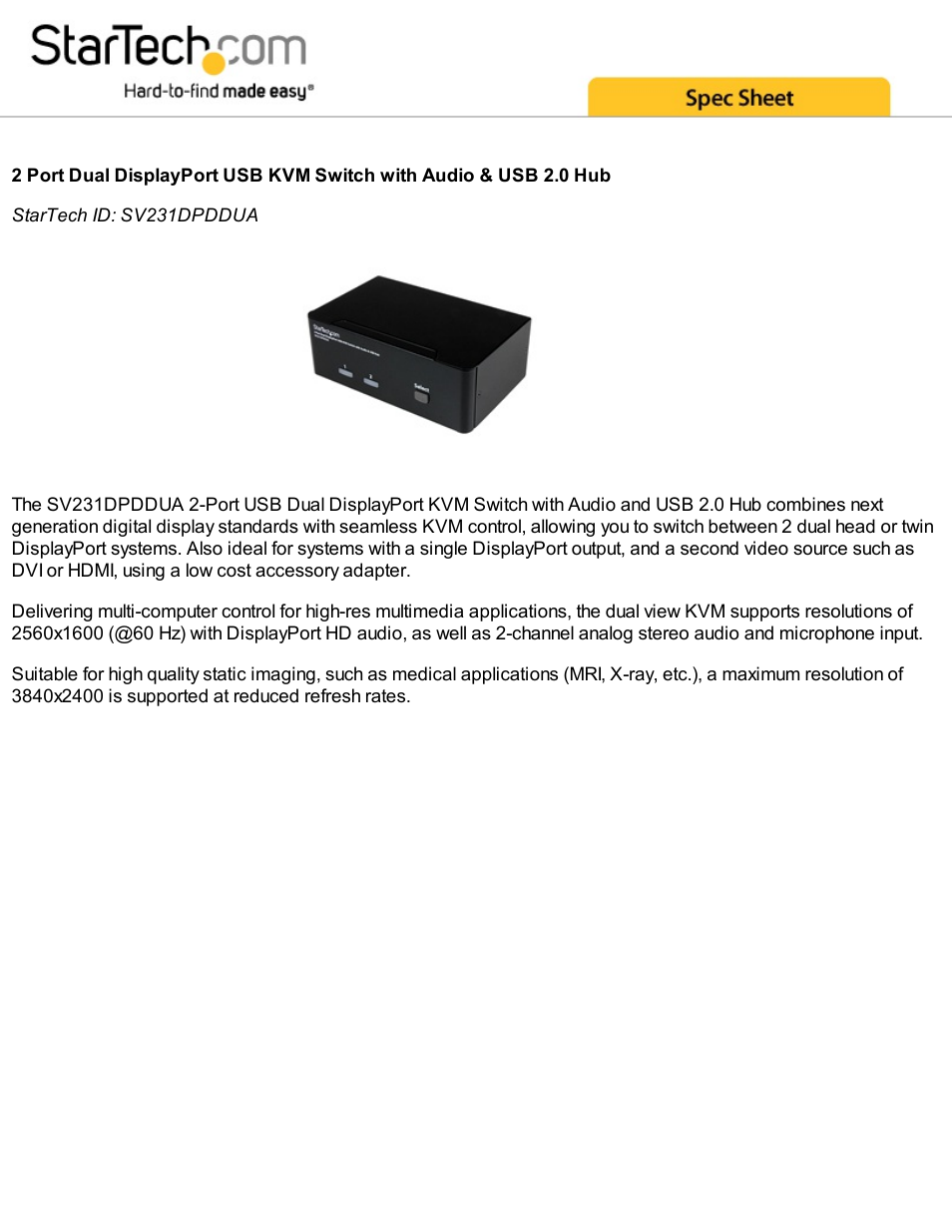 StarTech.com 2-Port Dual DisplayPort USB KVM Switch with Audio & USB 2.0 Hub User Manual | 5 pages