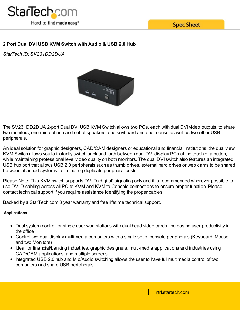StarTech.com 2-Port Dual DVI USB KVM Switch with Audio & USB 2.0 Hub (Black) User Manual | 5 pages