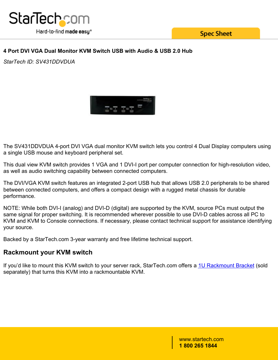 StarTech.com 4-Port DVI + VGA Dual Monitor KVM Switch with Audio & USB Hub (Black) User Manual | 5 pages