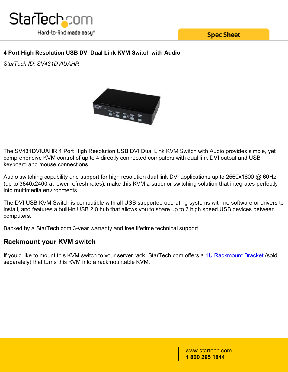 StarTech.com 4-Port High Resolution USB DVI Dual Link KVM Switch with Audio (Black) User Manual | 5 pages