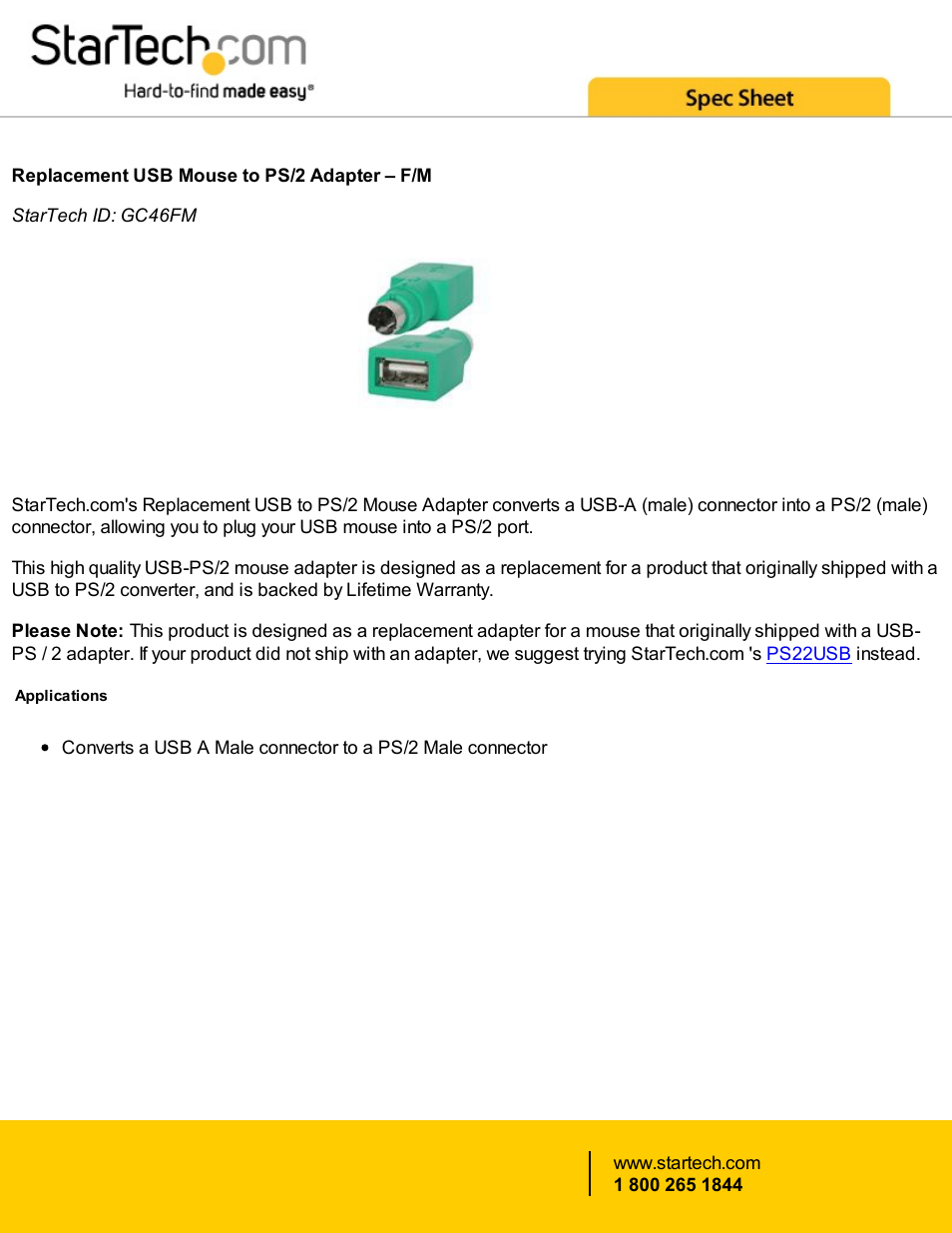StarTech.com Replacement USB Mouse Female to PS/2 Male Adapter (Green) User Manual | 2 pages