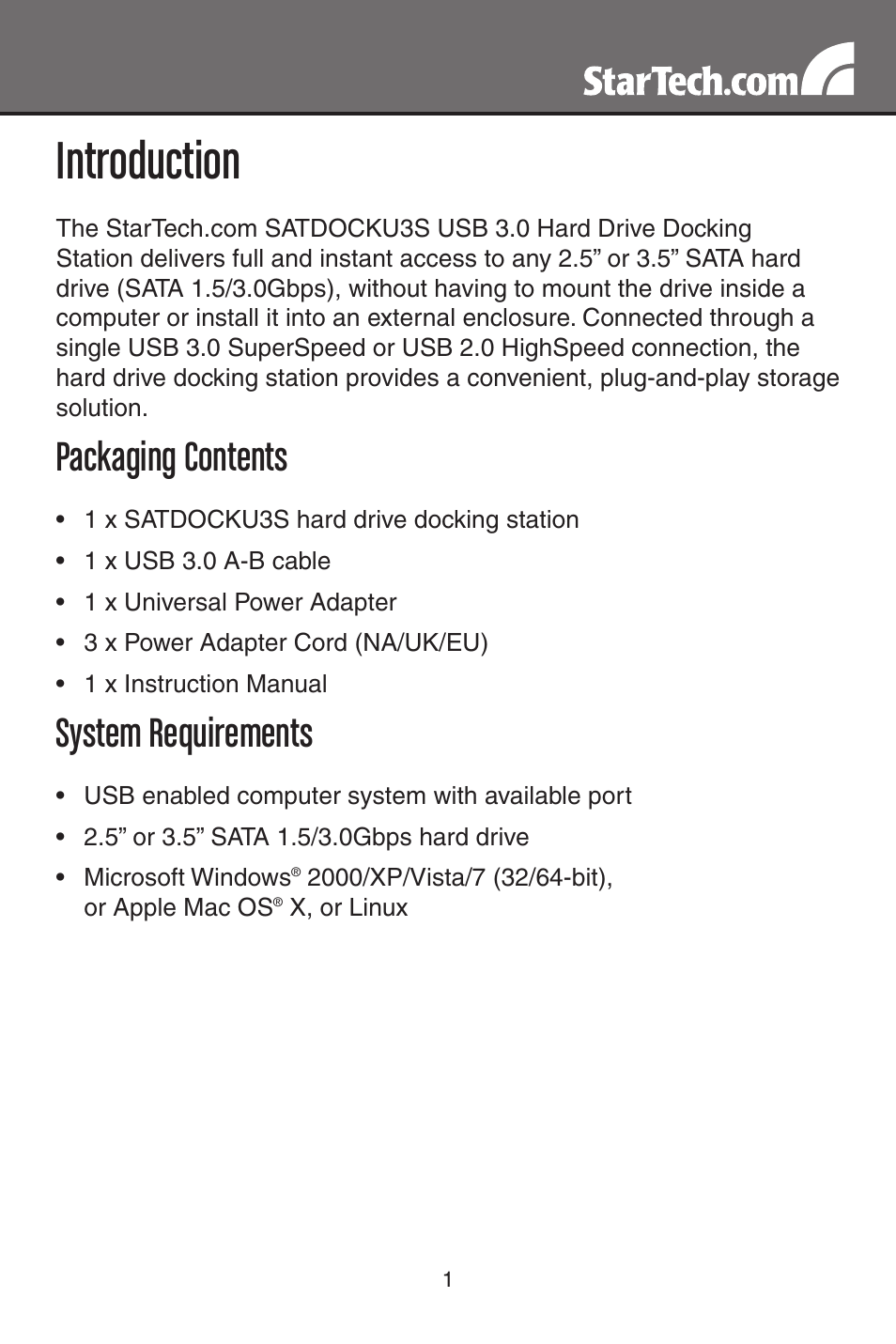 Introduction, Packaging contents, System requirements | StarTech.com USB 3.0 to SATA Hard Drive Docking Station for 2.5"/3.5" HDD (Black) User Manual | Page 4 / 11