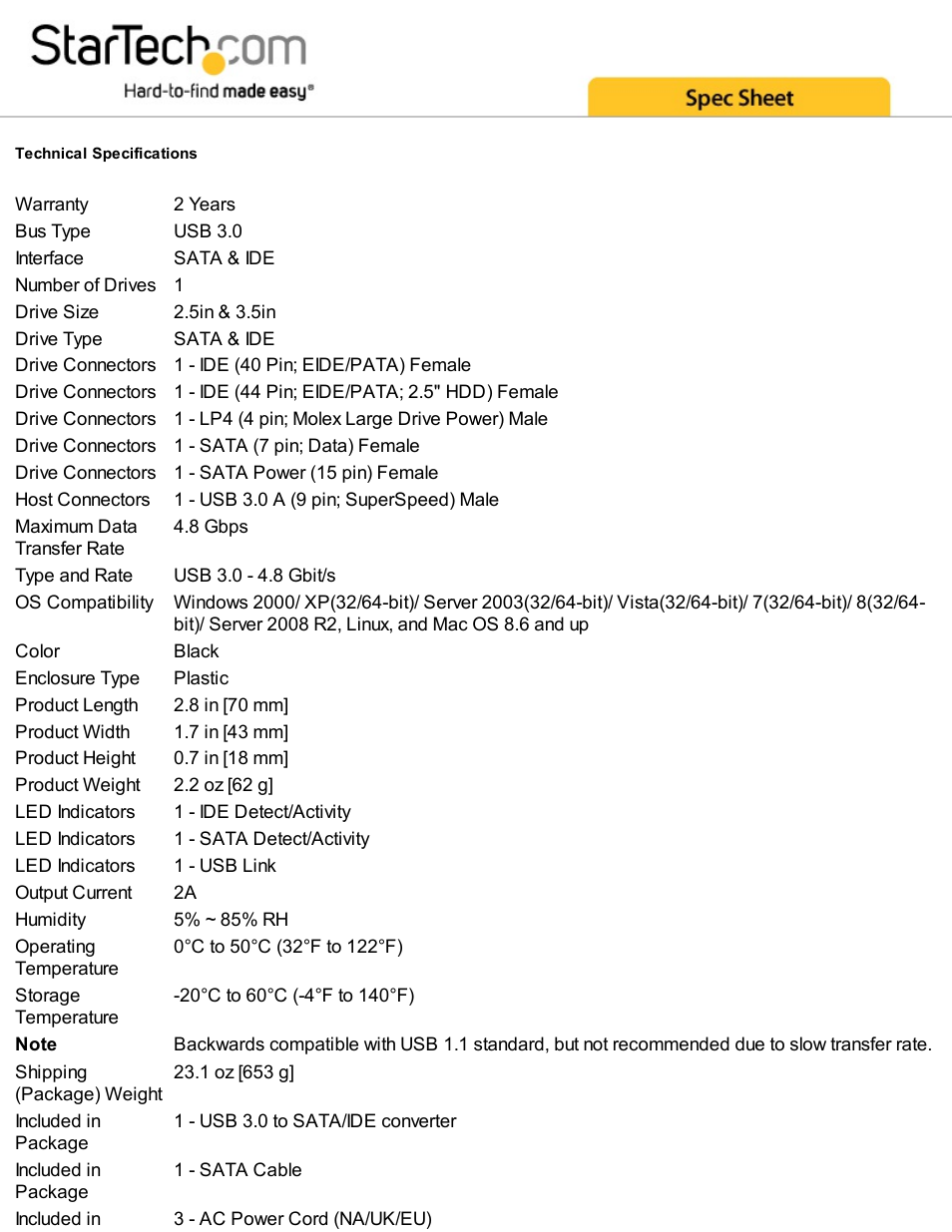 StarTech.com USB 3.0 to IDE/SATA Adapter Cable (Black) User Manual | Page 3 / 4