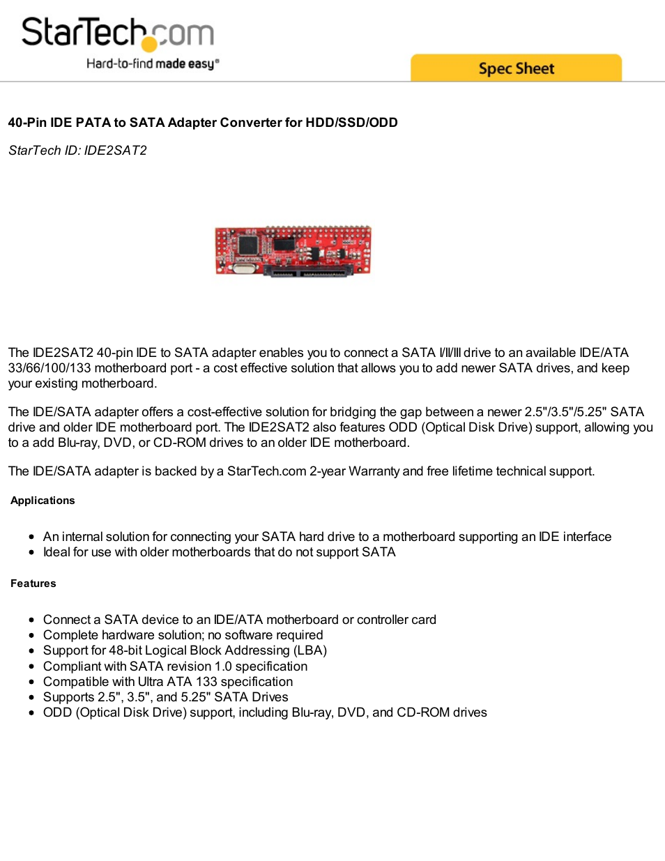 StarTech.com 40-Pin PATA to 2.5" SATA HDD/SSD/ODD Converter User Manual | 2 pages
