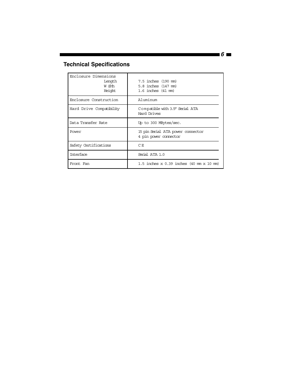 Technical specifications | StarTech.com 5.25" Removable SATA Hard Drive/Mobile Rack Drawer (Black) User Manual | Page 8 / 10