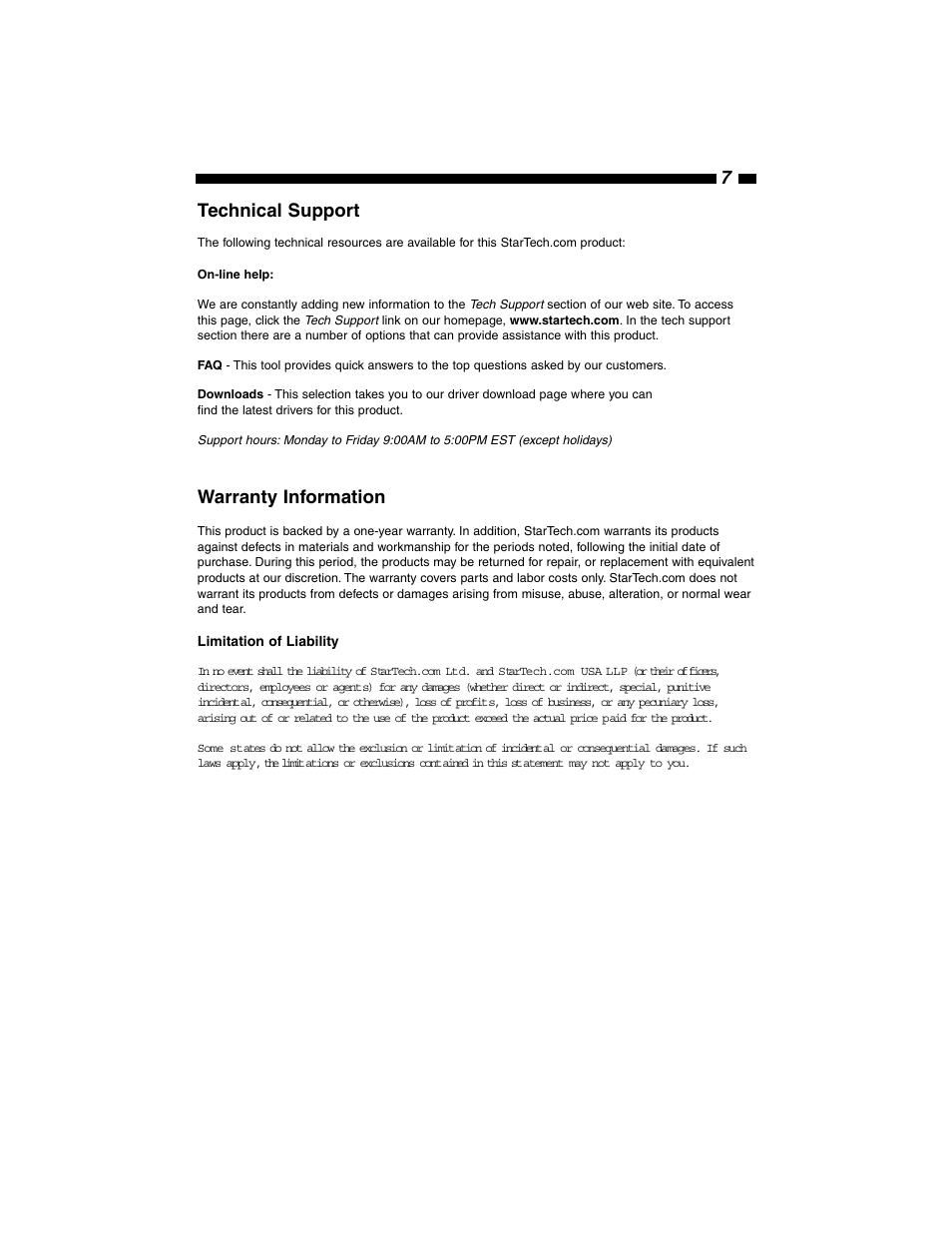 Technical support, Warranty information | StarTech.com 5.25" Removable SATA Hard Drive/Mobile Rack Drawer (Black) User Manual | Page 9 / 10